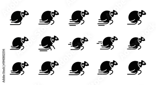 Collection of dynamic mouse silhouettes showcasing various running poses and movements in a grid pattern on a plain background