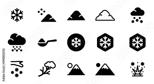 Collection of Winter Weather Icons Featuring Snowflakes, Clouds, and Mountains in a Simple Black Design