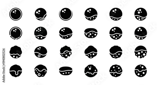 A collection of 20 black and white abstract circular faces displayed in a grid arrangement