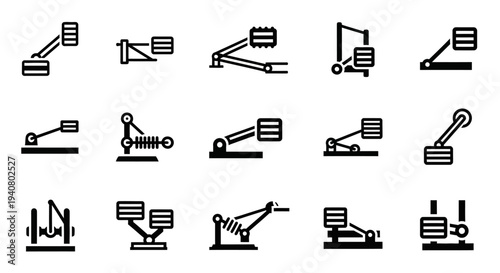 Collection of black industrial machinery icons on a plain background, showcasing various mechanical equipment and tools