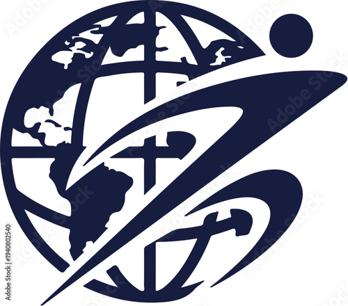 Dynamic global athlete emblem, a stylized graphic illustrating worldwide sports, human achievement, and international unity through active movement and potential