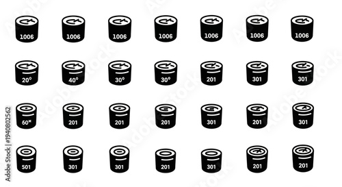 Collection of twenty-eight identical black cylindrical objects arranged in four rows on a plain white surface viewed from directly above