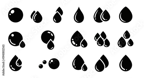 Fotografía Collection of black liquid droplets and bubbles in various shapes and sizes on a clean background, viewed from a straightforward perspective