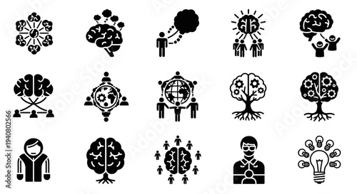 Set of black and white icons representing human brain and cognitive functions in various abstract designs