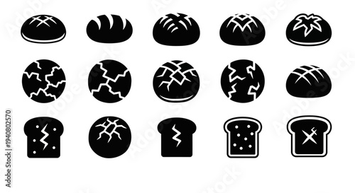 Assorted Bread Icons in Various Styles on a Clean White Background from a Direct Viewpoint