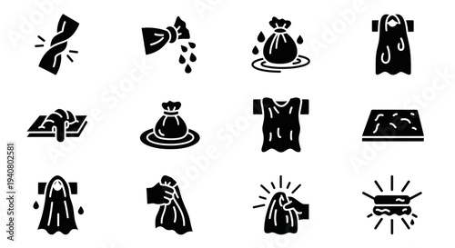 A collection of simple black icons depicting various actions and objects related to clothing and laundry, presented on a clean white background from a straightforward viewpoint