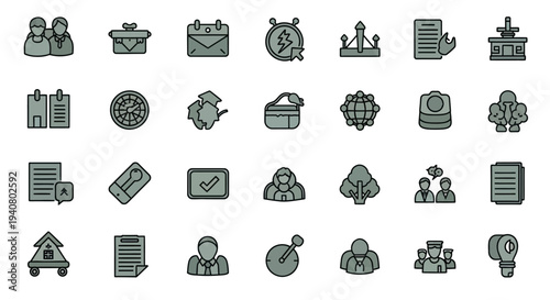 Collection of business icons representing various concepts and ideas in a simple, monochromatic style