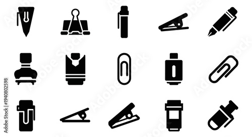 Collection of office and school supply icons displayed in a grid pattern on a clean background
