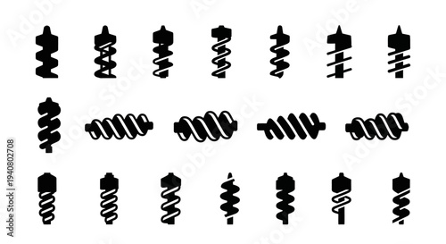 Collection of various black shock absorber icons arranged in rows on a plain background