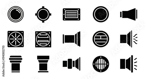 Collection of Speaker Icons in Various Designs and Shapes on a Plain Background from a Direct Viewpoint