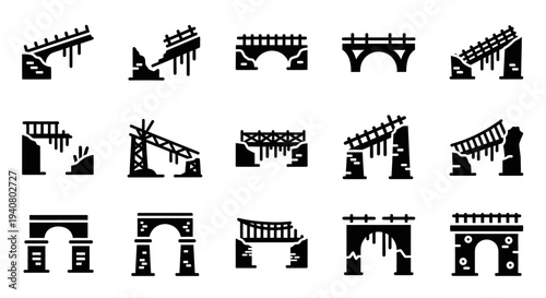 Collection of bridge and arch icons in various damaged states depicted in black silhouettes against a plain background from different viewpoints
