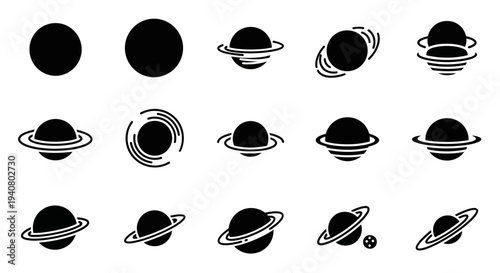 Illustrations of planets and celestial bodies in various orbital configurations and ring systems depicted in a minimalist style