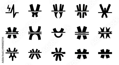 Collection of abstract black symbols arranged in a grid pattern on a plain background from a straightforward perspective