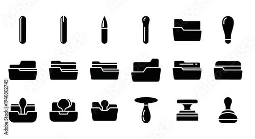 A collection of office supplies icons arranged in a grid pattern on a plain background from a straightforward viewpoint.