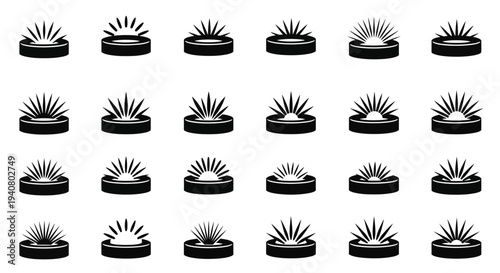 Collection of twenty-five black and white stylized illustrations of fireworks exploding over flat bases in a grid pattern