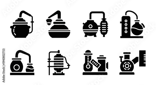 Various industrial machines and equipment icons in black silhouettes against a plain background