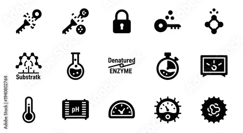 Collection of scientific icons representing research and experimentation in a laboratory setting viewed from directly above