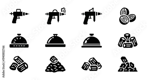 Collection of black and white icons representing food service and hospitality icons displayed together