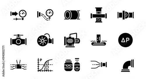 Collection of Industrial Icons Representing Various Mechanical Components and Symbols on a Neutral Background from a Direct Viewpoint