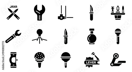 Collection of black icons representing various tools and machinery parts displayed on a plain background from a straightforward viewpoint