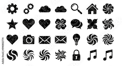 Collection of black icons representing various concepts on a white background viewed from directly above