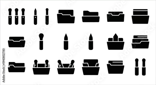 Collection of black cosmetic icons and illustrations in a grid layout on a clean background
