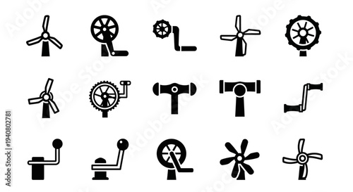 Assorted mechanical parts and machinery components illustrated in a grid layout