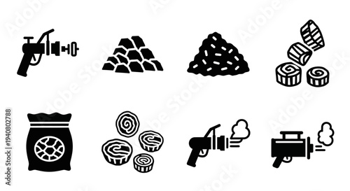 Industrial coal mining process illustrated with various stages and equipment icons