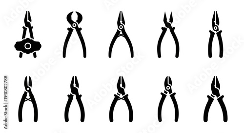 Collection of various pliers and cutters displayed on a clean white background from a straightforward viewpoint