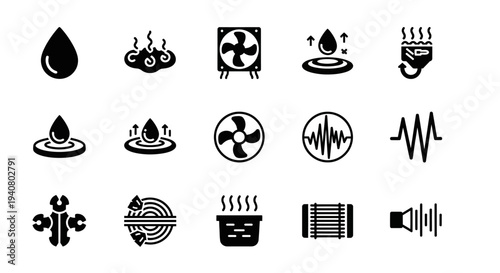 Collection of black icons representing various abstract concepts and objects on a white background viewed from a straightforward perspective