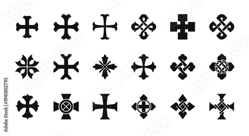 Collection of Various Cross Symbols in Different Designs and Patterns on a Plain Background