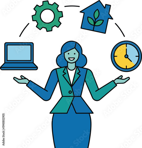 A professional woman surrounded by symbols of work and time management floating around her