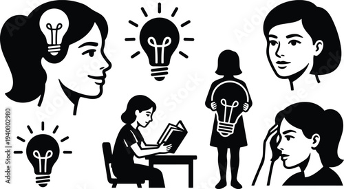 Minimalist vector profile and scene of woman reading holding lightbulb idea icons multiple angles and thoughtful expressions in silhouette composition