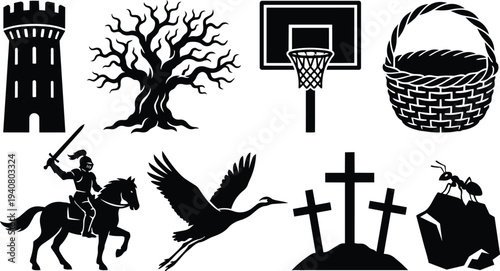 Silhouette vector flat design medieval knight on horse raising sword with tower dead tree basketball hoop flying crane