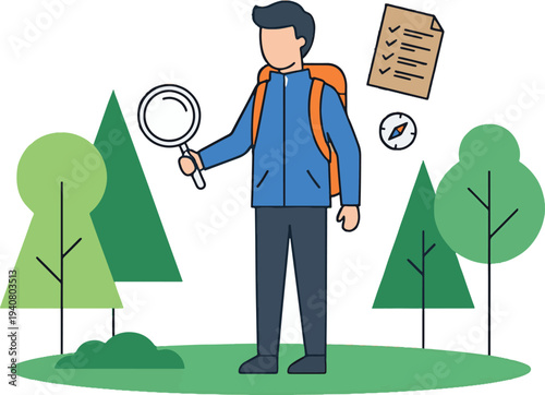 A young explorer examines the surroundings with a magnifying glass in a serene forest environment from a frontal viewpoint.