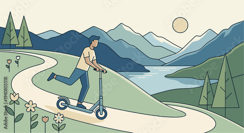 Man riding scooter on winding road through mountains and lake landscape from a distance