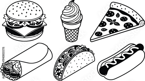 Minimal line art vector food icon set burger ice cream pizza slice burrito taco and hot dog isolated bold outline