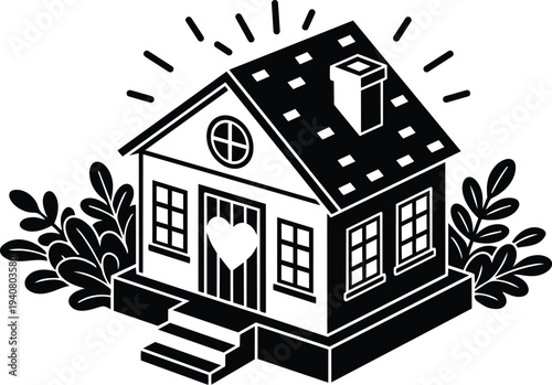 Tattoo flash isometric small house with heart on door close up front steps leafy bushes chimney rays bold silhouette vector