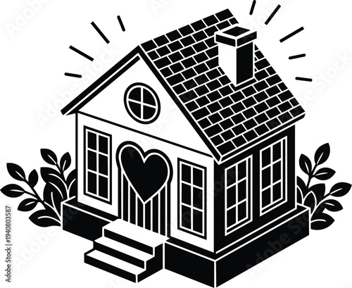 Minimalist vector isometric house with heart door close up front view with chimney plants steps and sunrays black white silhouette