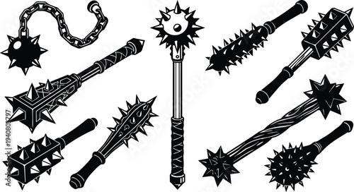 Tattoo flash collection of medieval spiked maces and morning stars arranged close up high contrast black and white vector illustration