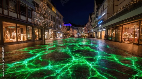 Illuminated pedestrian zone features vibrant, bright green crackling ground pattern at night