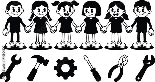 Retro cartoon children holding hands in a row smiling front view with tool icons below black and white vector set