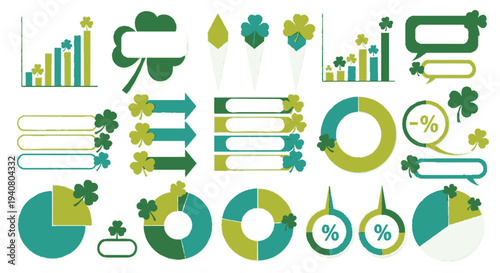 Green and yellow infographic elements with shamrocks and charts on white background for st patrick's day business concepts