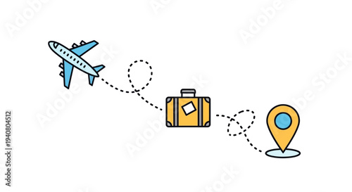 A journey through travel and exploration, featuring a plane, luggage, and a map pin, symbolizing adventure and destination