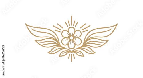 An intricate gold emblem featuring a flower with wings and radiating lines, symbolizing freedom and growth, presented in a vector graphic illustration