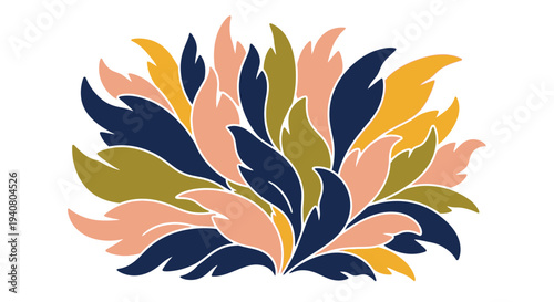 Stylized floral arrangement viewed from above, featuring leaves in various colors and shapes, presented as a graphic illustration.