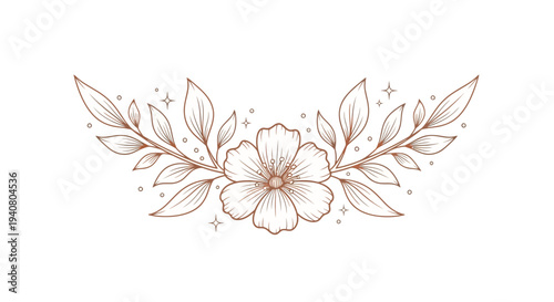 Delicate floral arrangement with leaves and stars viewed from directly above in a minimalist illustration