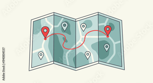 Navigating through a folded map with marked locations and a winding path