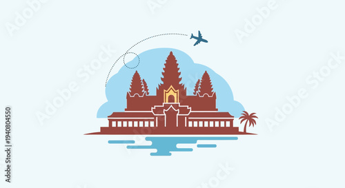 Ancient temple complex with multiple spires and a central gate, surrounded by water, with an airplane flying overhead, serene landscape scene, vector illustration