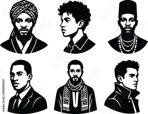 Vector stencil portrait set six male faces in profile and frontal views multicultural high contrast black and white graphic style